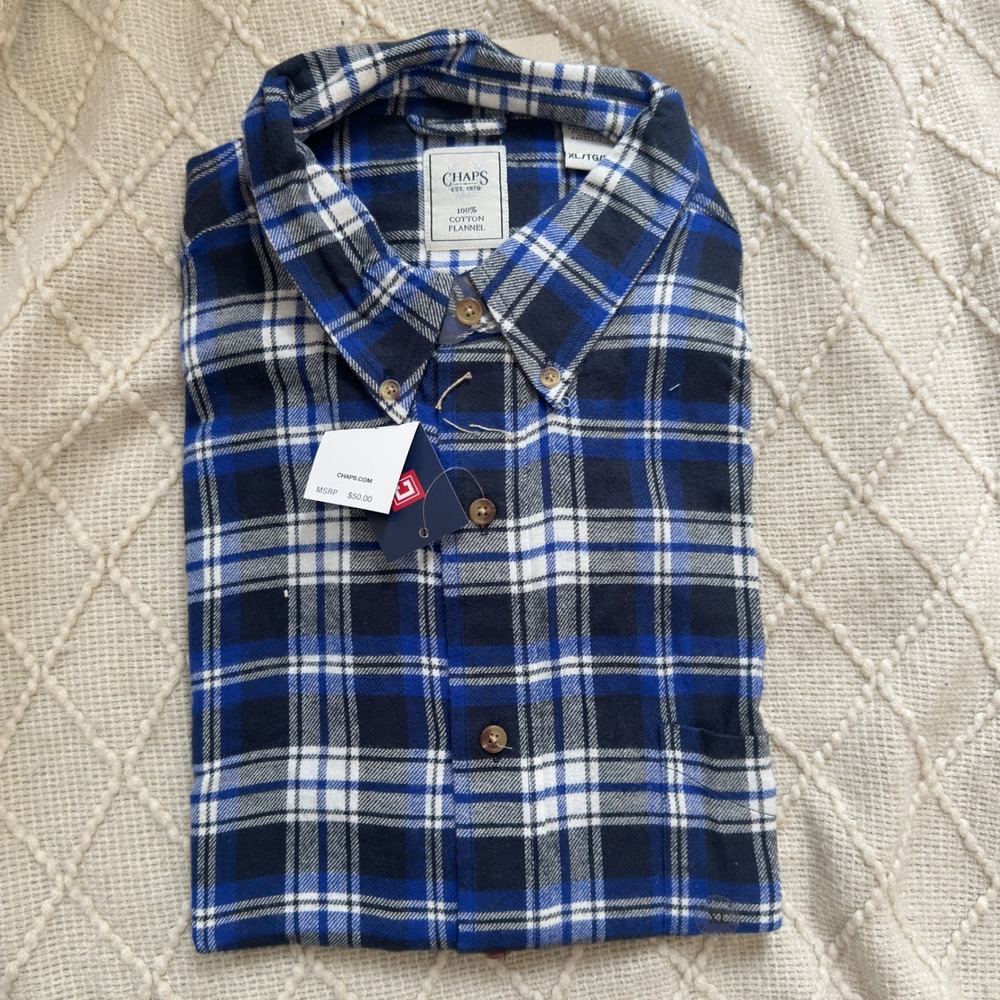 NWT Chaps Flannel Shirt Blue Black White Plaid 100% Cotton Button Down XL
